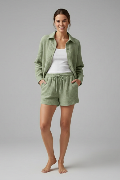 Chic Collection | Women's Two Piece Set with Button-Up Shirt & Drawstring Shorts | Effortless Style for Casual Outings