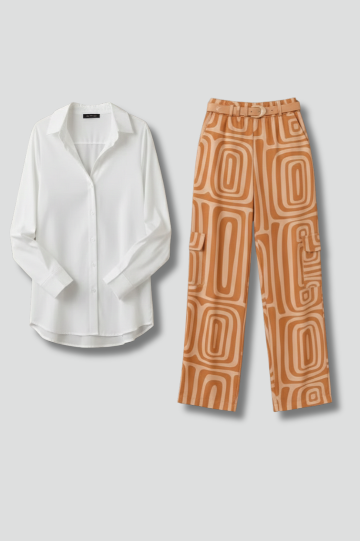 Chic Collection | Women's Two Piece Set with Collared Blouse & Printed Trousers | Stylish Comfort for Any Occasion