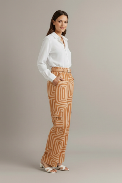 Chic Collection | Women's Two Piece Set with Collared Blouse & Printed Trousers | Stylish Comfort for Any Occasion