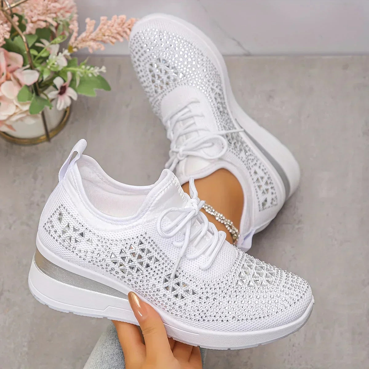 Chic Comfort | Women's Slip-On Sneakers with Arch Support & Rhinestone Accents | Casual Style for All-Day Wear
