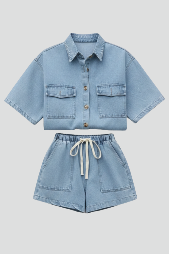 Chic Denim Collection | Women's Denim Two Piece Set with Short-Sleeve Jacket & High-Waist Shorts | Versatile Outfit for Spring and Summer
