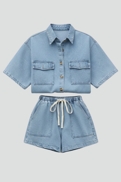 Chic Denim Collection | Women's Denim Two Piece Set with Short-Sleeve Jacket & High-Waist Shorts | Versatile Outfit for Spring and Summer