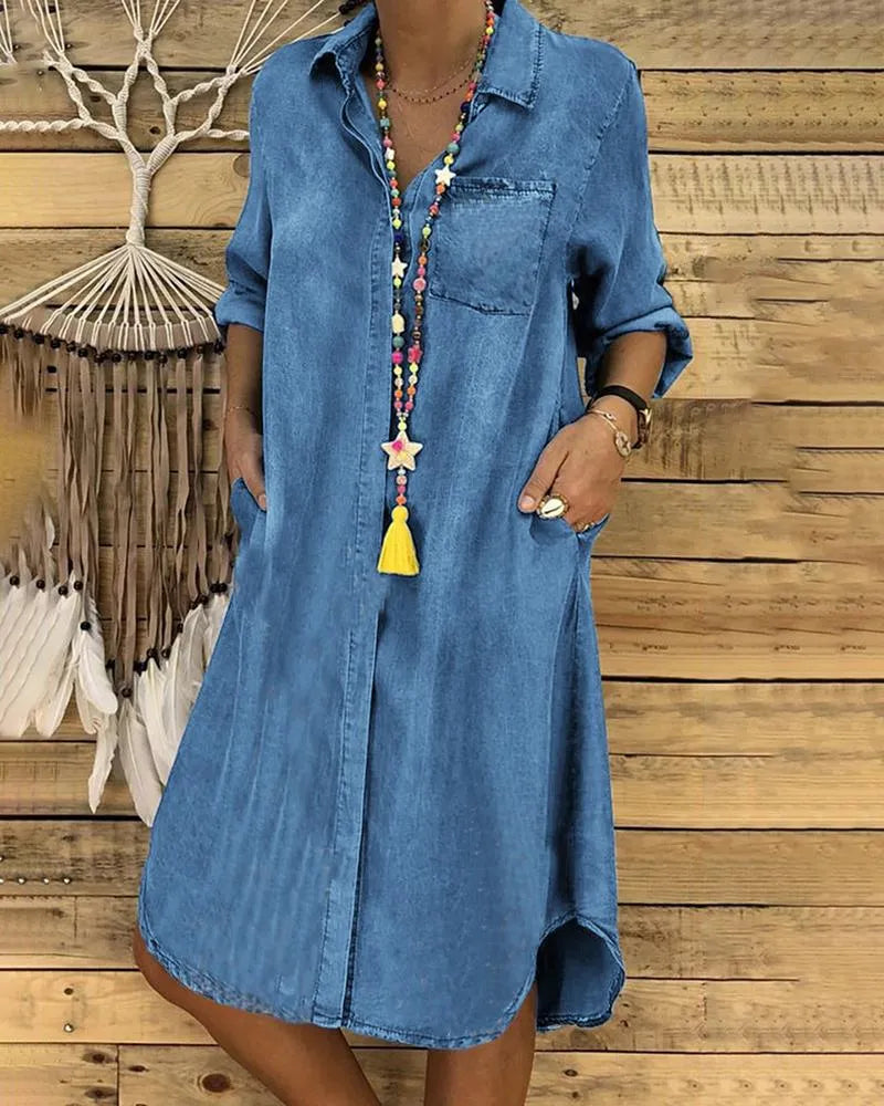 Chic Denim Dress Women | Stylish Denim Shirt Dress with Pockets for Versatile Casual Wear