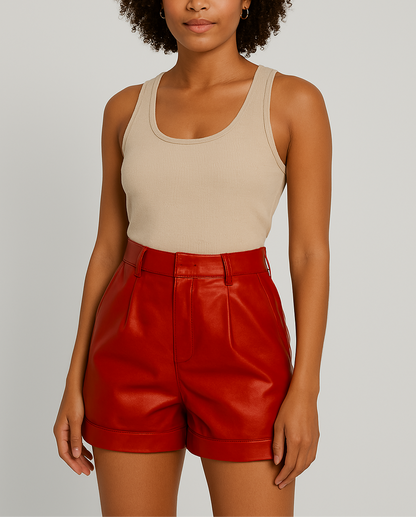 Chic Essentials | Women's High-Waisted Leather Shorts with Pleat Detailing | Stylish Design for Effortless Versatility