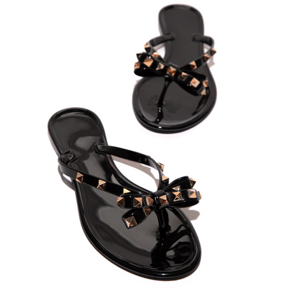 Chic Signature | Gold Studded Jelly Thong Sandal with Bow Detail | Stylish Footwear for Year-Round Elegance