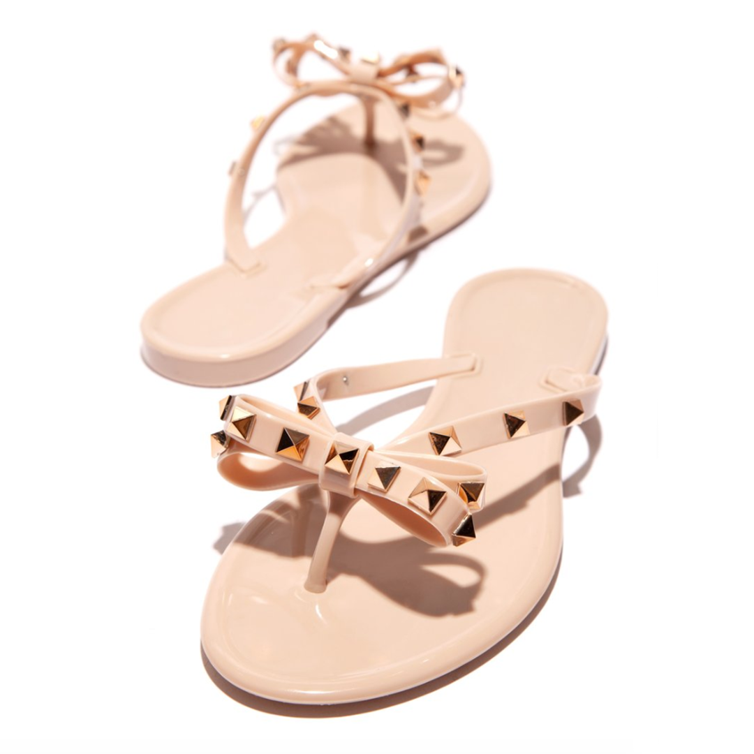 Chic Signature | Gold Studded Jelly Thong Sandal with Bow Detail | Stylish Footwear for Year-Round Elegance
