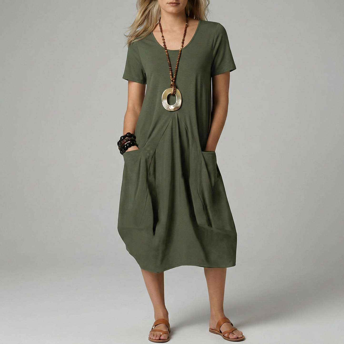Effortless Elegance | Women's Midi Dress with V-Neck & Pockets | Lightweight Summer Dress for Casual Outings