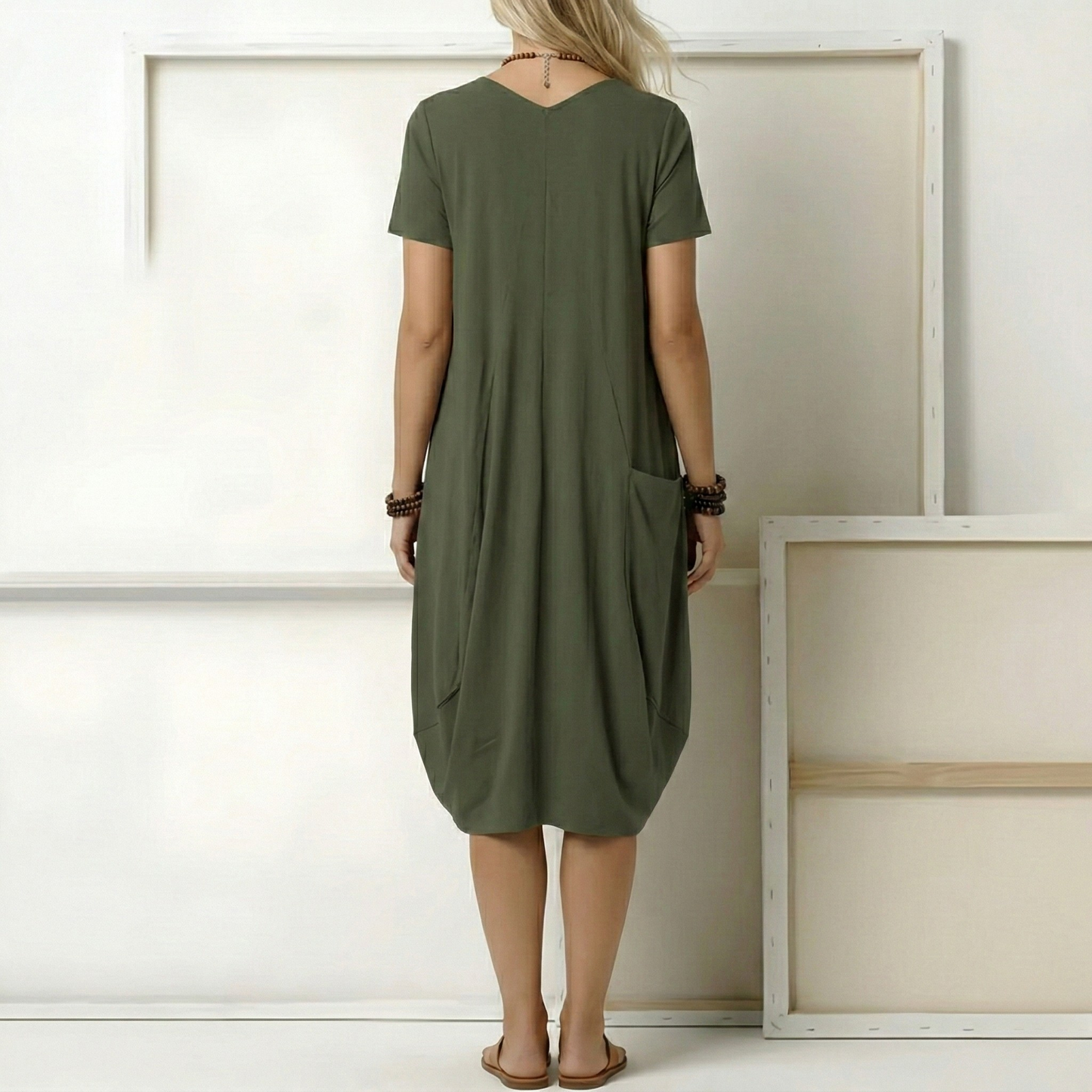 Effortless Elegance | Women's Midi Dress with V-Neck & Pockets | Lightweight Summer Dress for Casual Outings