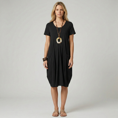 Effortless Elegance | Women's Midi Dress with V-Neck & Pockets | Lightweight Summer Dress for Casual Outings