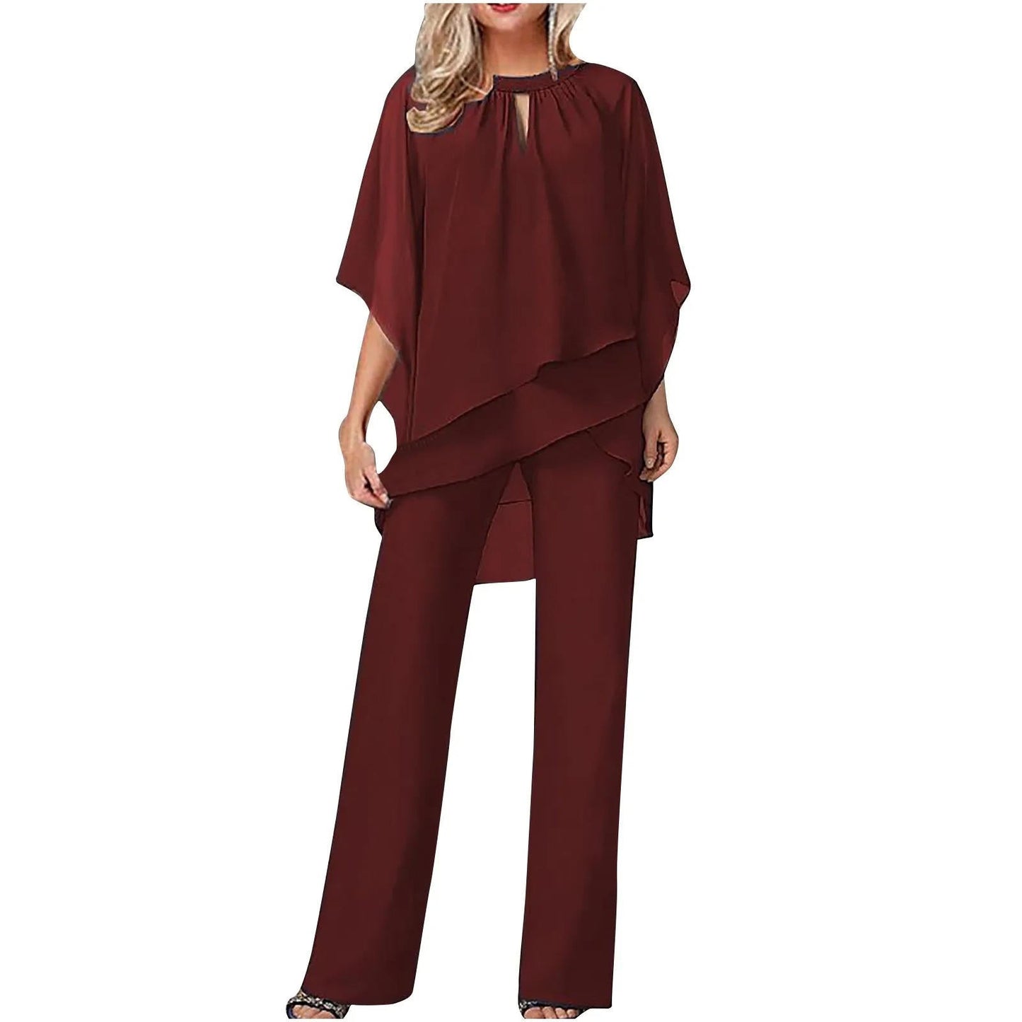 Elegant Chiffon Women's Pantsuit with Batwing Sleeves | Versatile Formal Outfit for Any Occasion
