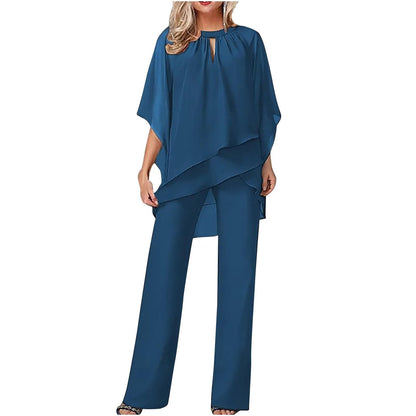 Elegant Chiffon Women's Pantsuit with Batwing Sleeves | Versatile Formal Outfit for Any Occasion