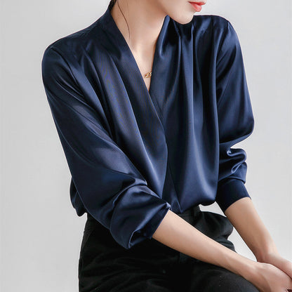 Elegant Collection | V-Neck Satin Blouse with Pleated Design | Versatile Styling for Office and Casual Wear