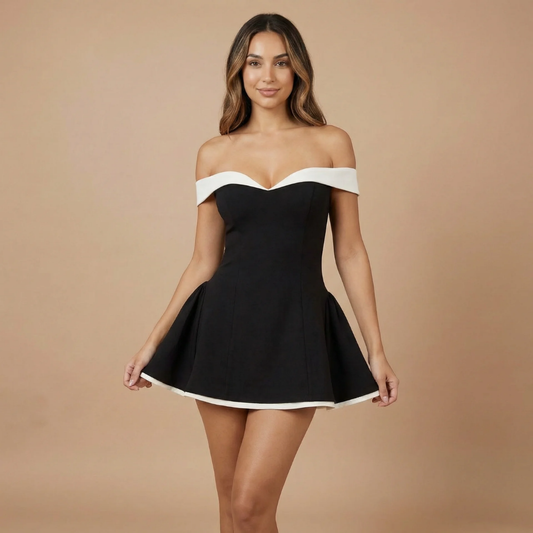 Elegant Collection | Women's Cocktail Dress with Off-Shoulder Design | Flared Mini Dress for Effortless Elegance