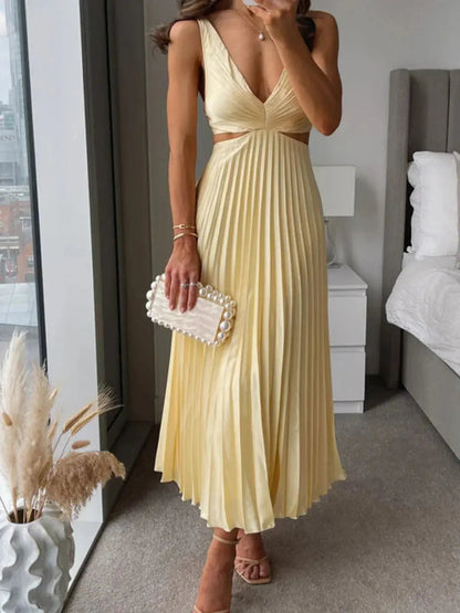 Elegant Collection | Women's Dress with Pleated V Neck Design | Midi Length for Effortless Sophistication