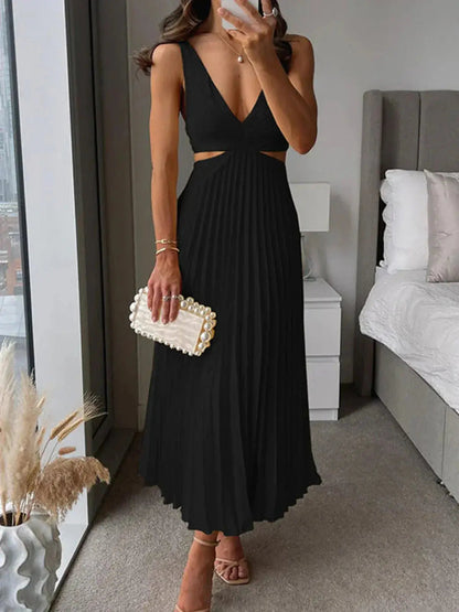 Elegant Collection | Women's Dress with Pleated V Neck Design | Midi Length for Effortless Sophistication