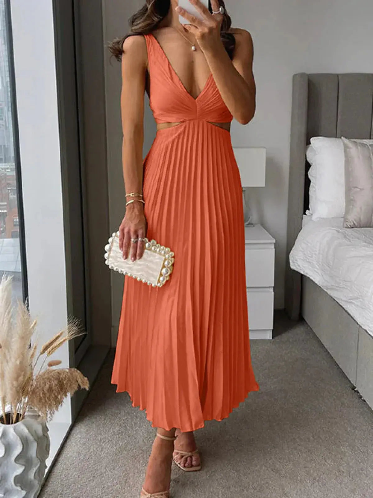 Elegant Collection | Women's Dress with Pleated V Neck Design | Midi Length for Effortless Sophistication
