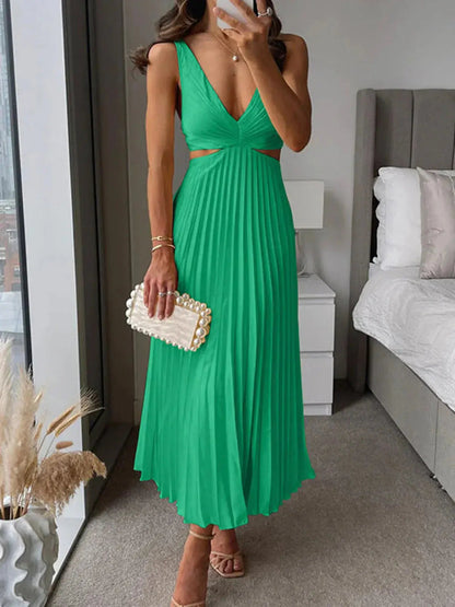 Elegant Collection | Women's Dress with Pleated V Neck Design | Midi Length for Effortless Sophistication