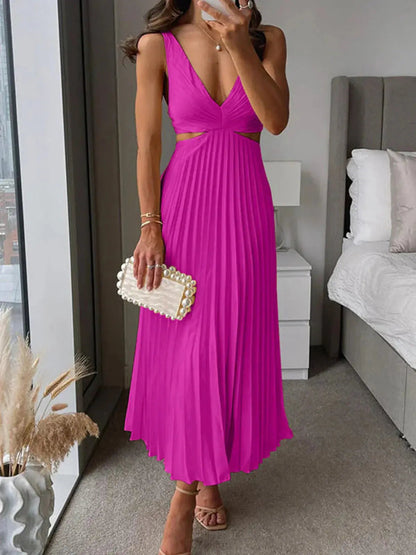Elegant Collection | Women's Dress with Pleated V Neck Design | Midi Length for Effortless Sophistication
