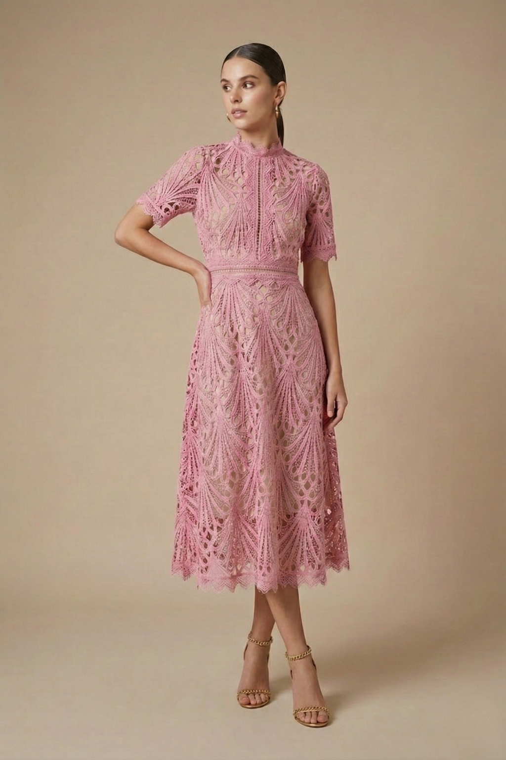 Elegant Collection | Women's Lace Midi Dress with High Neck & Cutwork Detail | Timeless Elegance for Formal Occasions