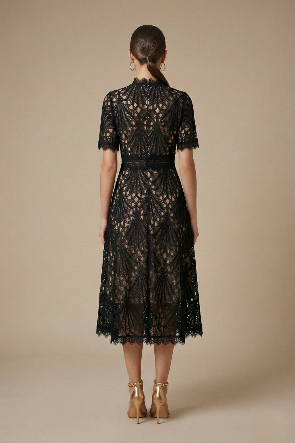 Elegant Collection | Women's Lace Midi Dress with High Neck & Cutwork Detail | Timeless Elegance for Formal Occasions