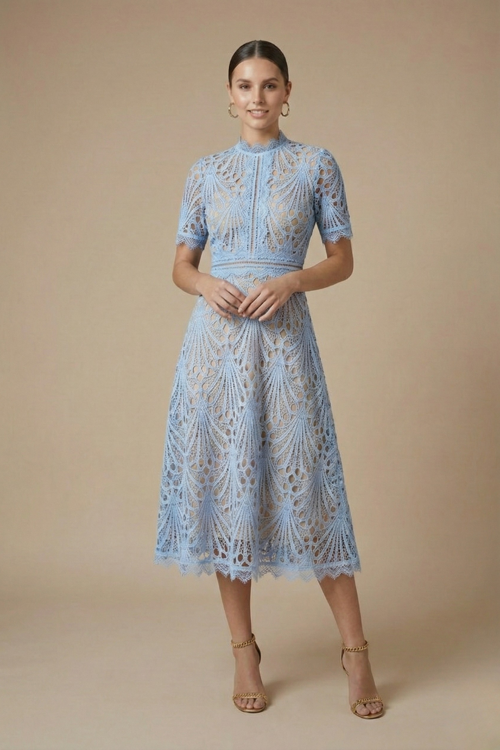 Elegant Collection | Women's Lace Midi Dress with High Neck & Cutwork Detail | Timeless Elegance for Formal Occasions