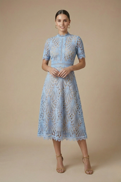 Elegant Collection | Women's Lace Midi Dress with High Neck & Cutwork Detail | Timeless Elegance for Formal Occasions