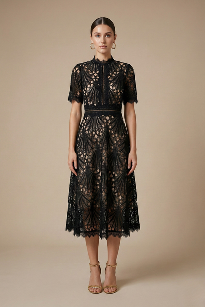 Elegant Collection | Women's Lace Midi Dress with Intricate Cutwork | Timeless Style for Special Occasions