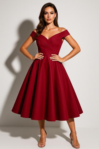 Elegant Collection | Women's Off-Shoulder Midi Dress with Flattering Fit | Chic Cocktail Dress for Timeless Sophistication
