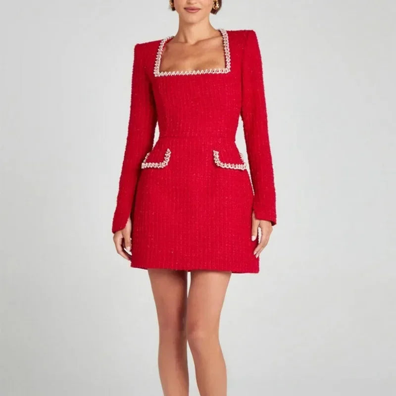 Elegant Collection | Women's Tweed Mini Dress with Long Sleeve & Square Neck | Chic Style for Evening Events
