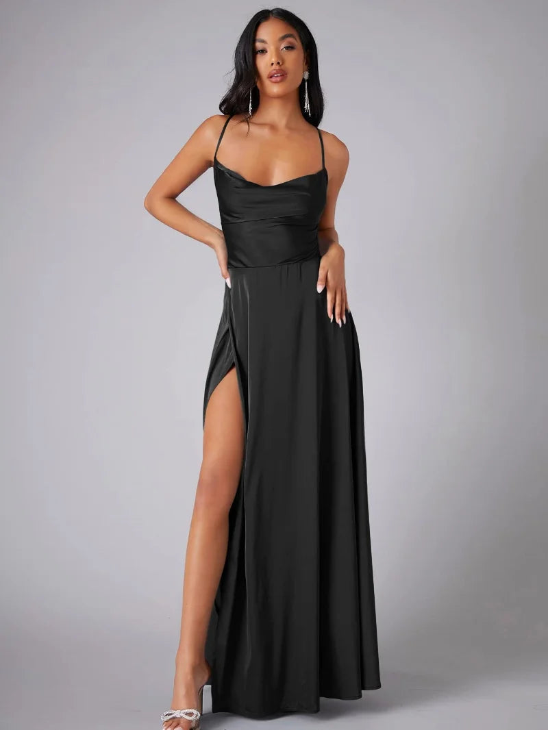 Elegant Evening Gown | Satin Backless Dress with Draped Neckline for Formal Events