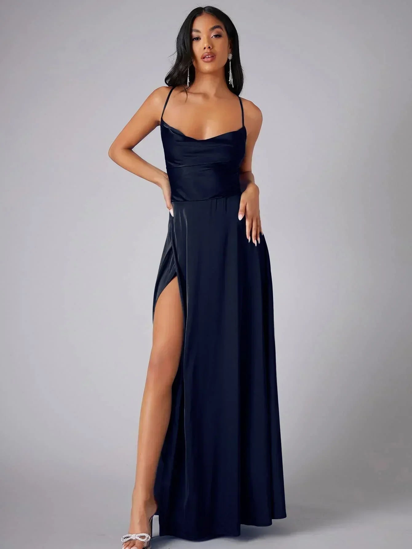Elegant Evening Gown | Satin Backless Dress with Draped Neckline for Formal Events