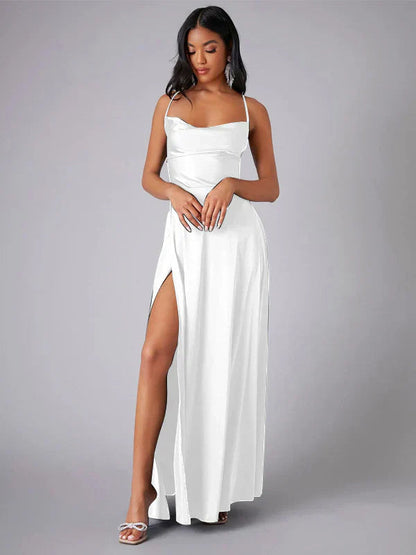 Elegant Evening Gown | Satin Backless Dress with Draped Neckline for Formal Events