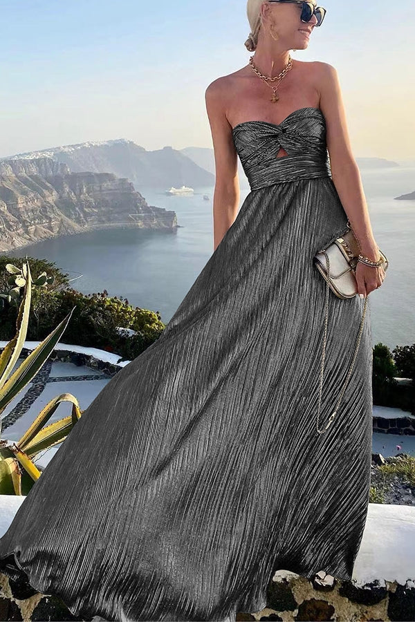 Elegant Evening Gown | Strapless A-Line Dress with Pleated Metallic Finish | Chic Formal Gown for Timeless Elegance