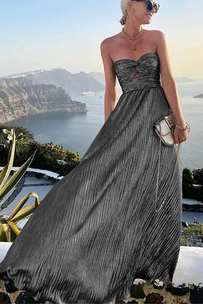 Elegant Evening Gown | Strapless A-Line Dress with Pleated Metallic Finish | Chic Formal Gown for Timeless Elegance