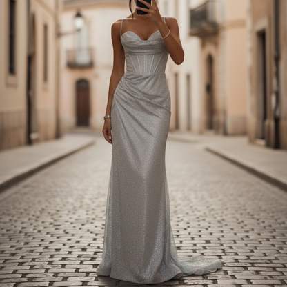 Elegant Evening Gowns | Maxi Spaghetti Strap Dress with High Side Slit | Perfect Formal Wedding Guest Attire
