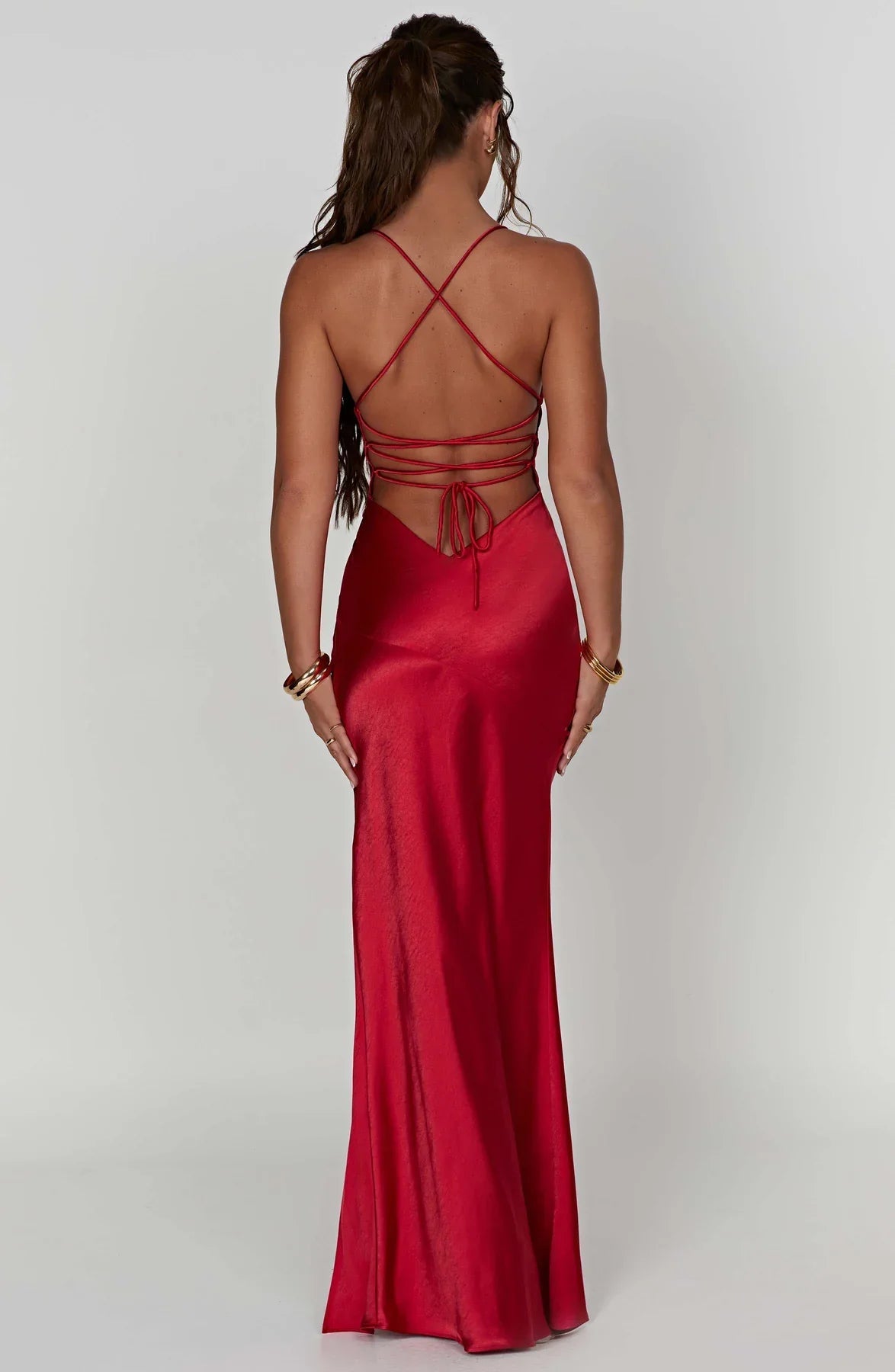 Elegant Evening Wear | Women's Satin V Neck Maxi Dress with Side Slit | Adjustable Lace-Up Back for Perfect Fit