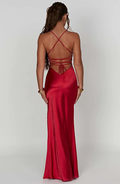 Elegant Evening Wear | Women's Satin V Neck Maxi Dress with Side Slit | Adjustable Lace-Up Back for Perfect Fit
