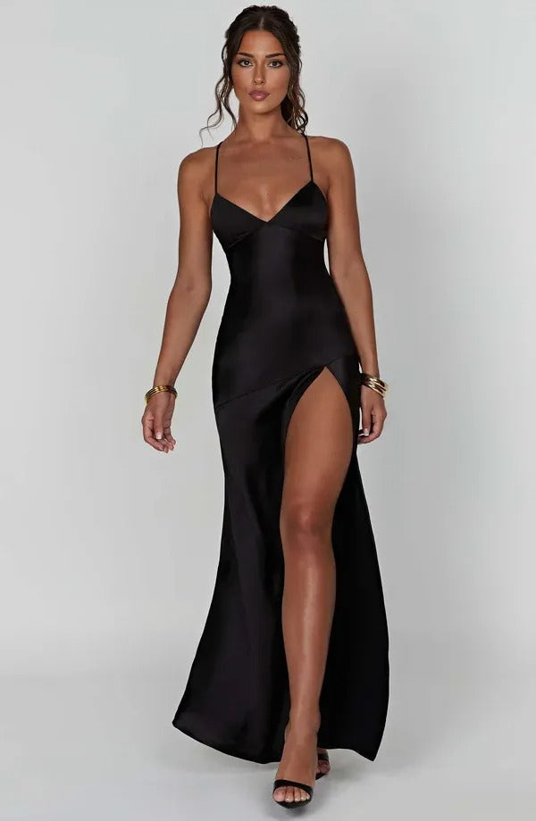 Elegant Evening Wear | Women's Satin V Neck Maxi Dress with Side Slit | Adjustable Lace-Up Back for Perfect Fit