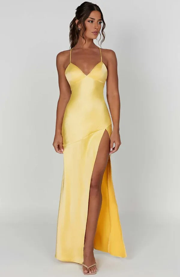 Elegant Evening Wear | Women's Satin V Neck Maxi Dress with Side Slit | Adjustable Lace-Up Back for Perfect Fit