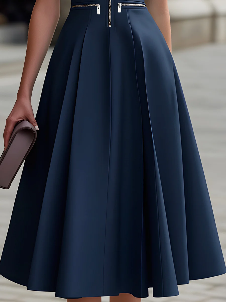 Elegant Fit & Flare Midi Dress with Zip-Front & Structured Design | Stylish Midi Dress for Versatile Day-to-Night Wear