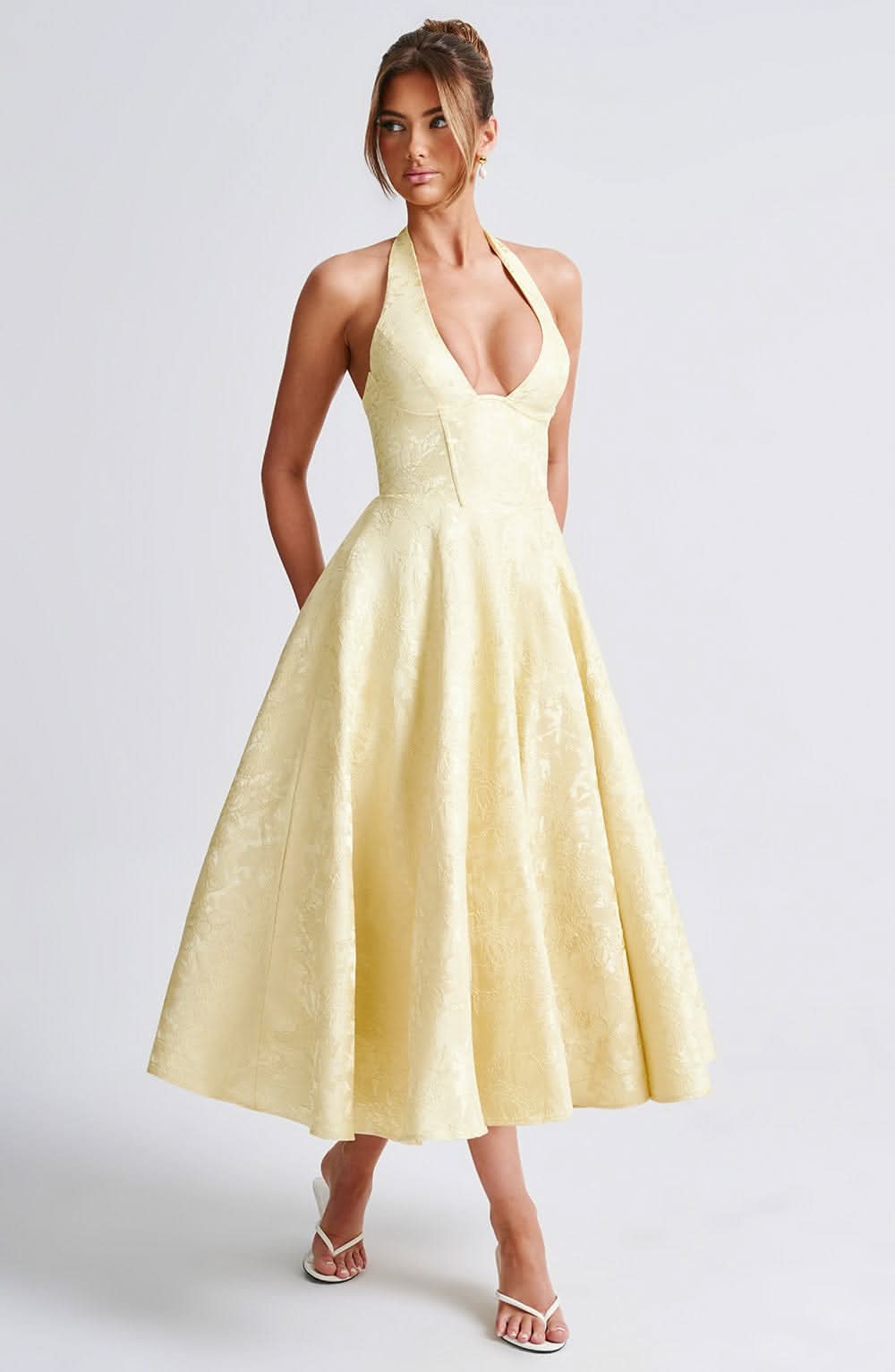 Elegant Floral Halter Midi Dress | Women's Cocktail Dress with Plunge Neckline for Weddings and Events