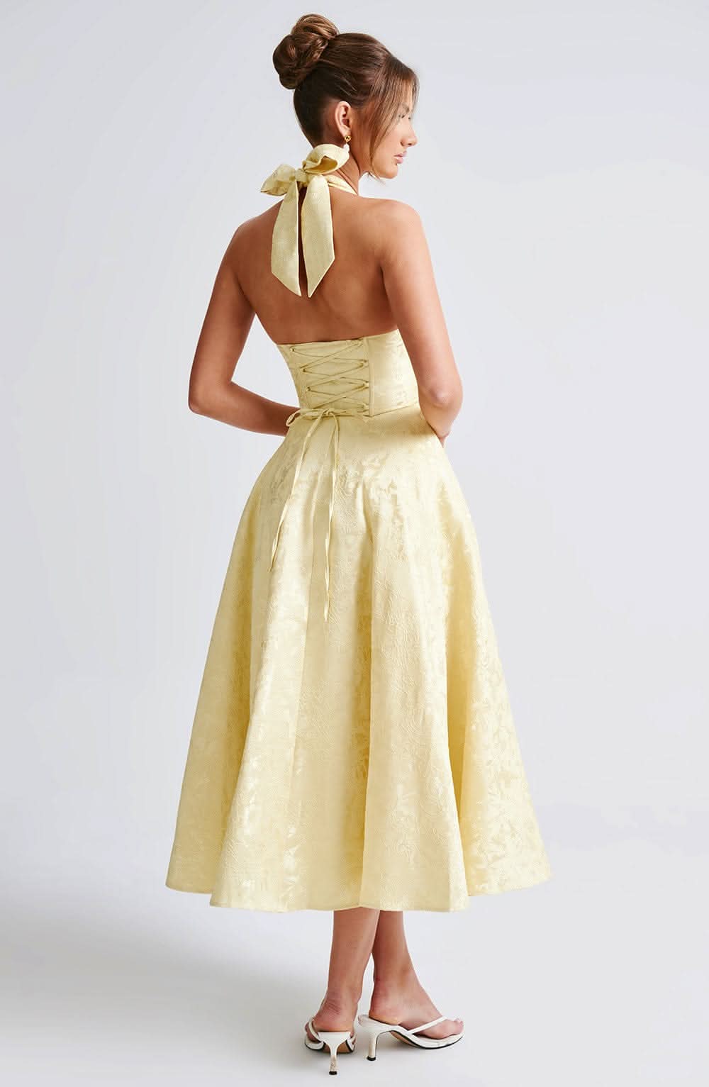 Elegant Floral Halter Midi Dress | Women's Cocktail Dress with Plunge Neckline for Weddings and Events