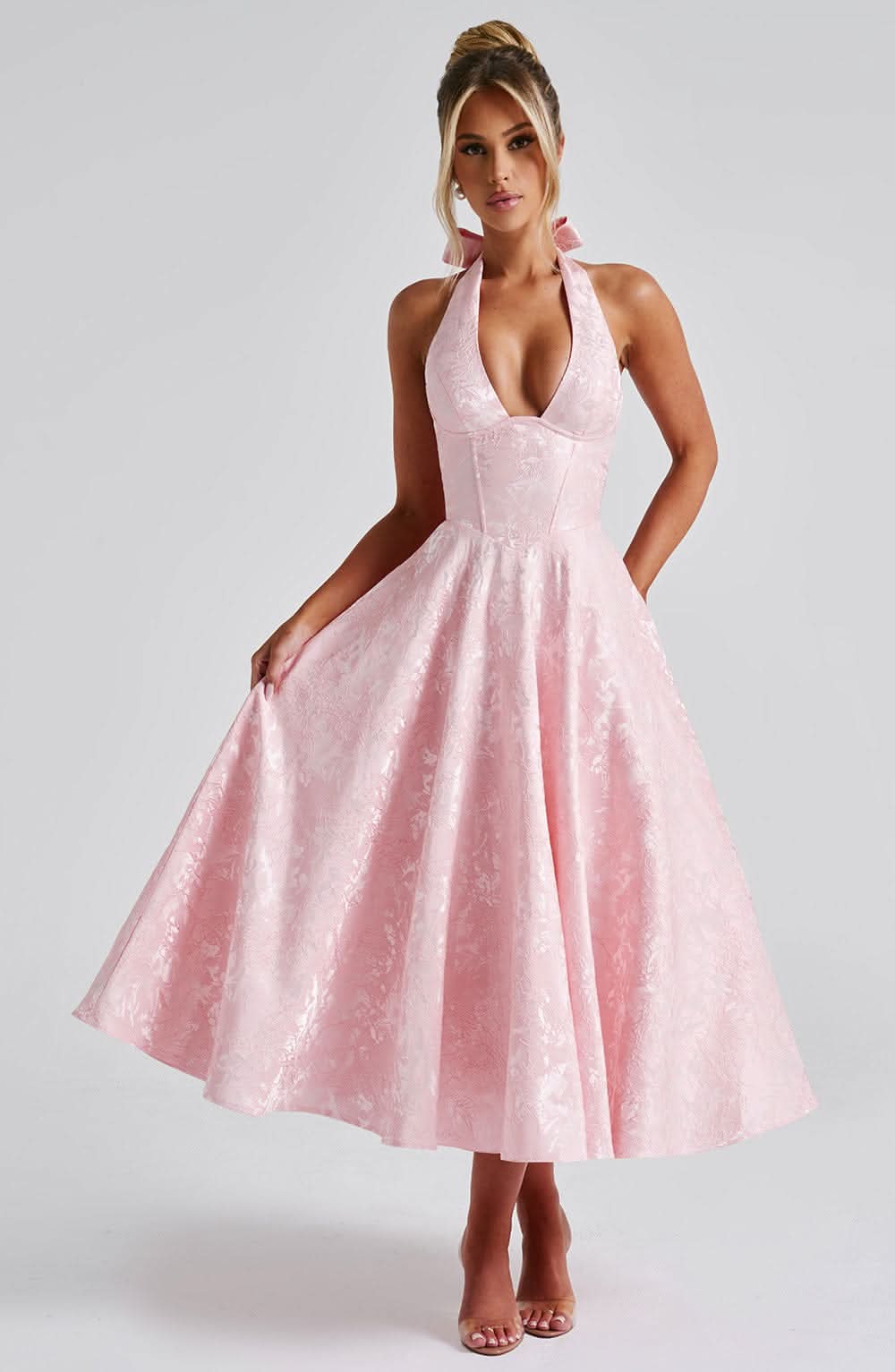 Elegant Floral Halter Midi Dress | Women's Cocktail Dress with Plunge Neckline for Weddings and Events