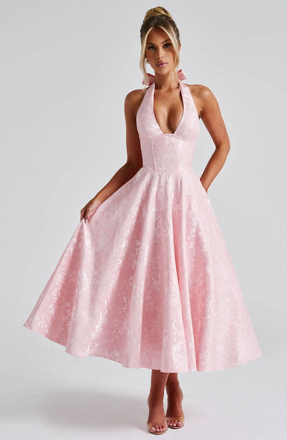 Elegant Floral Halter Midi Dress | Women's Cocktail Dress with Plunge Neckline for Weddings and Events