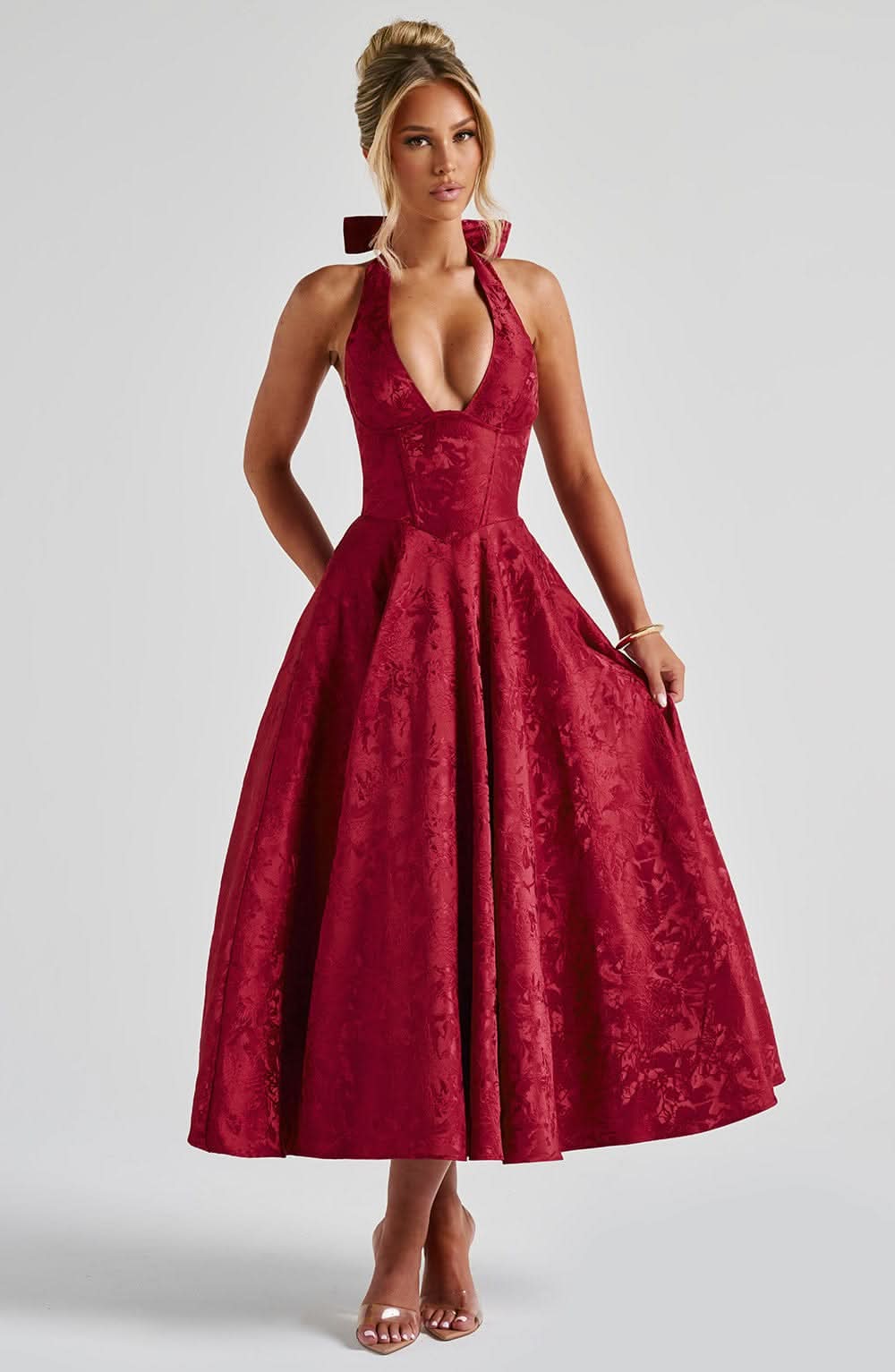 Elegant Floral Halter Midi Dress | Women's Cocktail Dress with Plunge Neckline for Weddings and Events