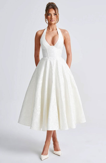 Elegant Floral Halter Midi Dress | Women's Cocktail Dress with Plunge Neckline for Weddings and Events