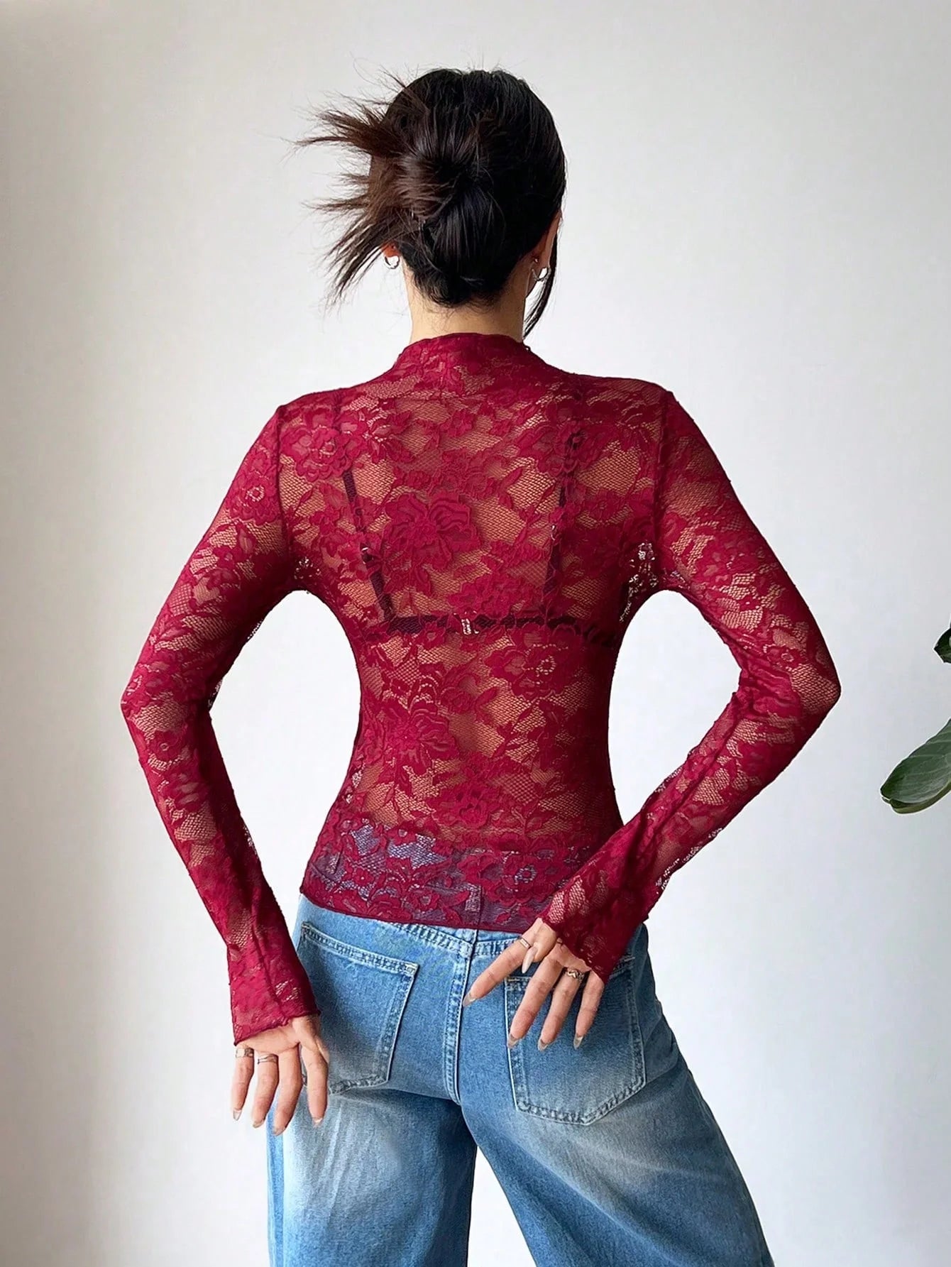 Elegant Floral Lace Blouse | Fitted Top with Flare Sleeves | Versatile Mesh Design for Effortless Styling