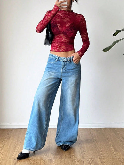 Elegant Floral Lace Blouse | Fitted Top with Flare Sleeves | Versatile Mesh Design for Effortless Styling