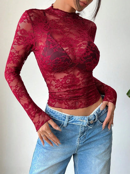 Elegant Floral Lace Blouse | Fitted Top with Flare Sleeves | Versatile Mesh Design for Effortless Styling