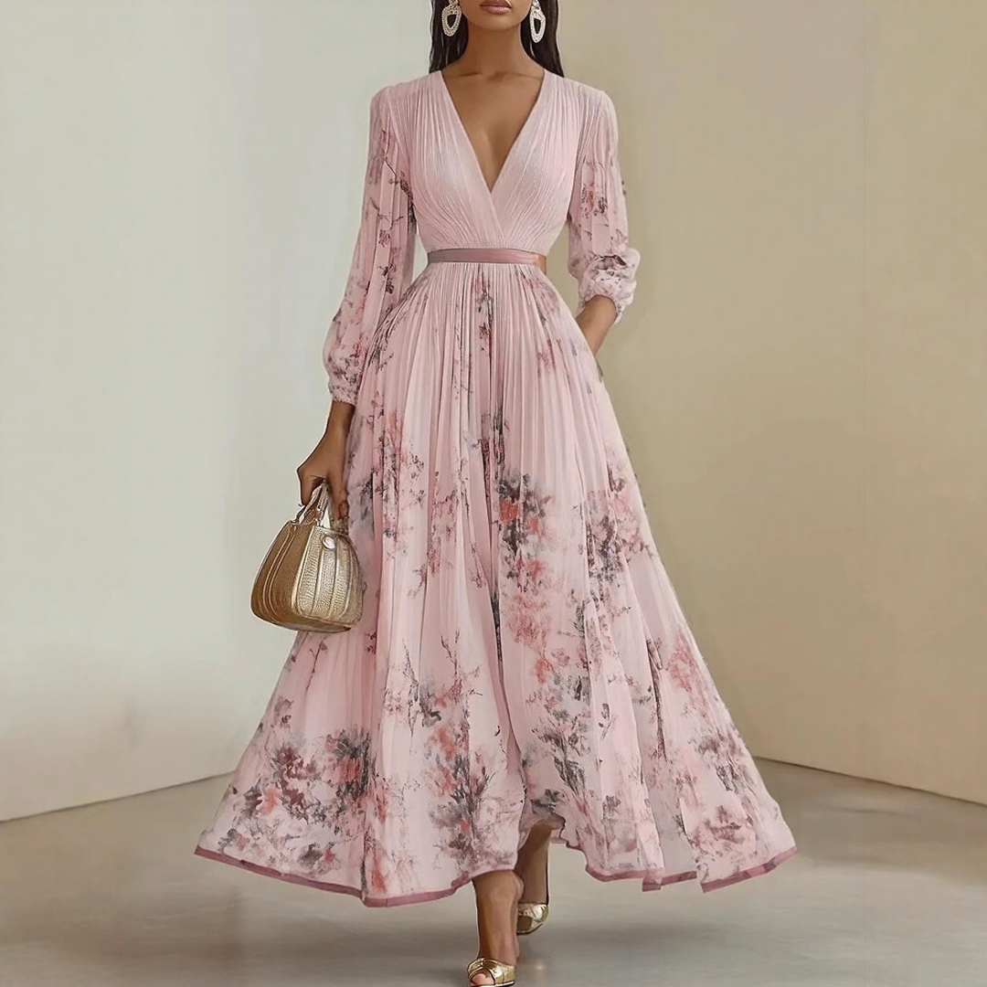Elegant Floral Maxi Dress with Long Sleeves & Adjustable Tie for Effortless Style